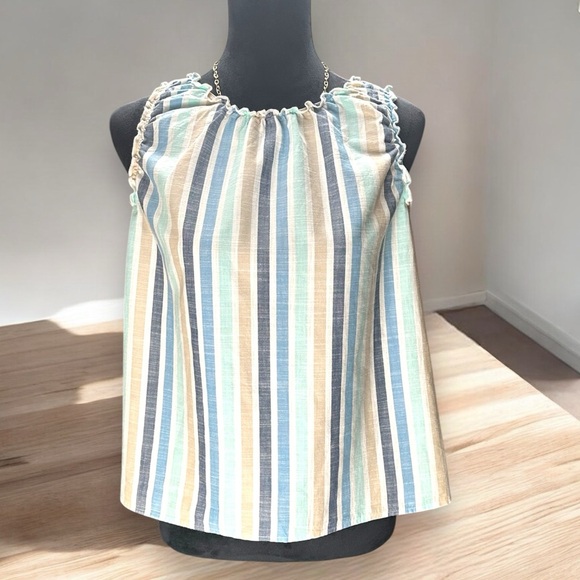 a.n.a Blue, Cream, Aqua, White Striped Tank Top Open Back Cotton Small Boho Chic - Picture 1 of 7